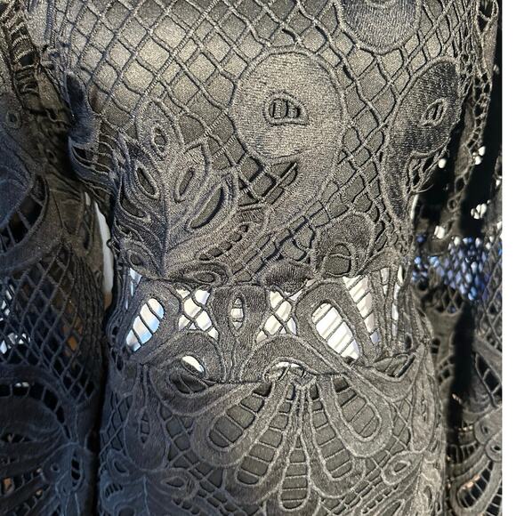 Showpo Black Lace Mock Neck Bare Midriff Puff Sleeve Ruffled Hem Mini Dress - Picture 4 of 9